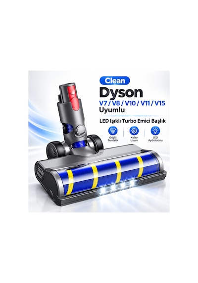 Clean Dyson V7 V8 V10 V11 V15 Uyumlu Led Işıklı Turbo Emici Başlık Lacivert