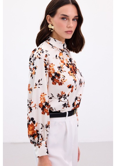 Sateen Dik Yaka Bluz - Oranj-136868 Oranj