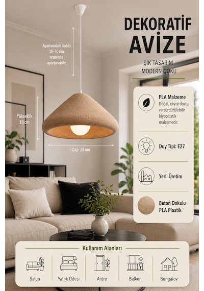 Kubbe Form Sarkıt Avize Beton Görünümlü Dokulu Modern Dekoratif Avize E27 25 Cm - Açık Kahve Açık Kahverengi