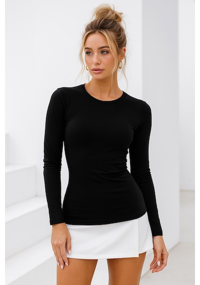 Kadın Siyah Bisiklet Yaka Uzun Kollu Body Siyah