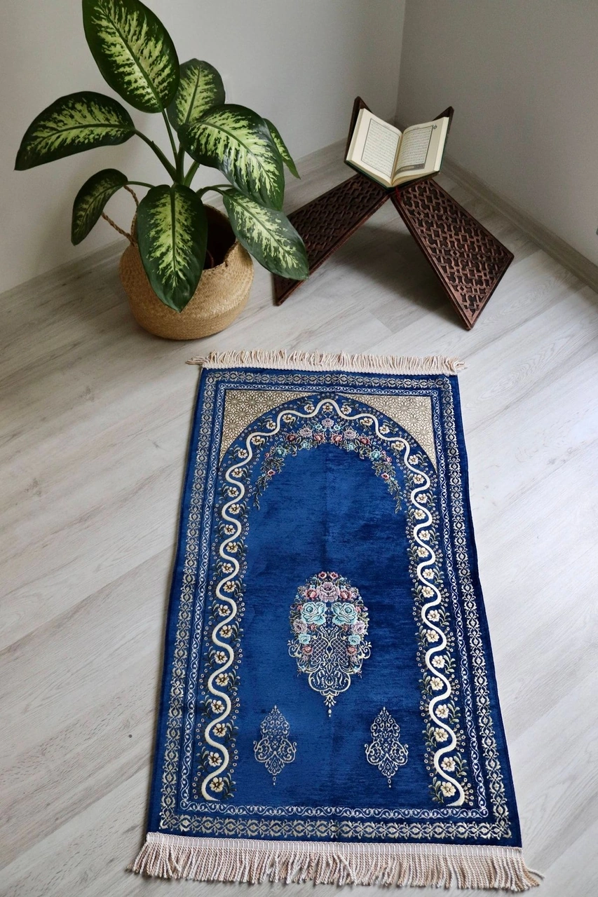 Çeyizlik Astarlı Lüks Seccade Hediyelik S1019 Siyah Mavi