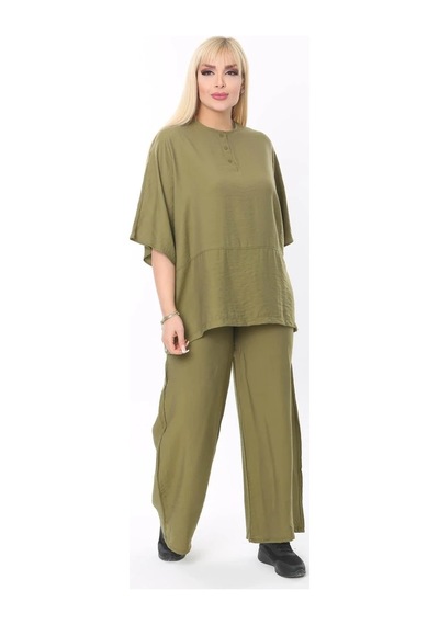 Mia Butik Büyük Beden Haki Yuvarlak Yaka Salaş Takım Haki