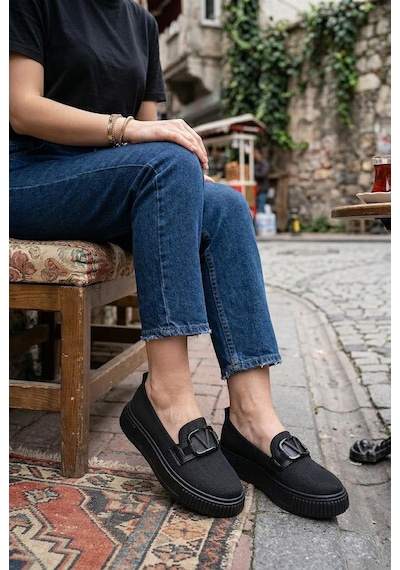 Fort Ventes 346411 Rahat Toka Aksesuarlı Triko Loafer Kadın Ayakkabı Siyah