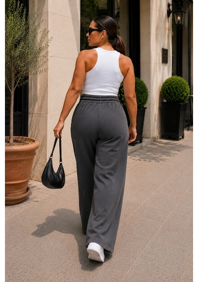 Cedy Denim Kadın Büyük Beden Yüksek Bel Palazzo Pantolon Yazlık İnce Kumaş Terletmez Likralı C633 Koyu Gri