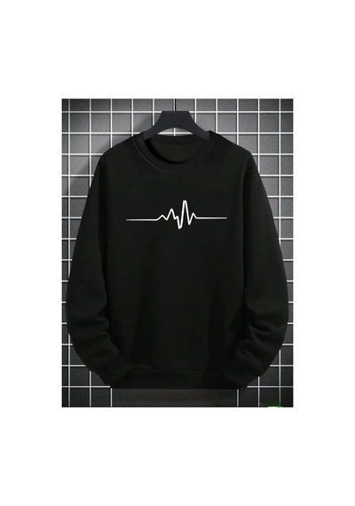 Medinenur Nabız Baskılı 2 İplik Şardonlu Bisiklet Yaka Sweatshirt Siyah