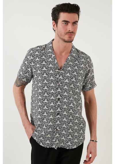 Buratti Regular Fit Kısa Kollu Apaş Yaka Desenli Erkek Gömlek Cf21S114293 Beyaz-Siyah
