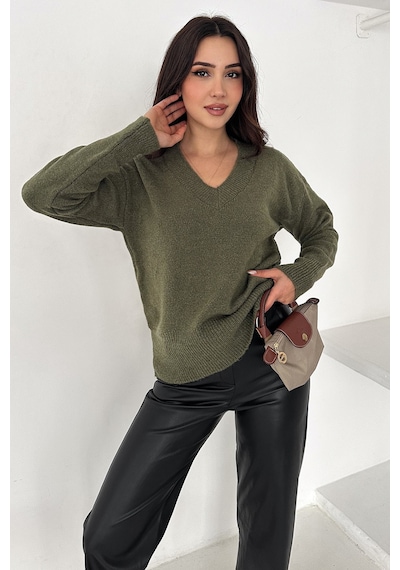 Noa & Noa Kadın V Yaka Triko Kazak Cozy Neutral Yeşil