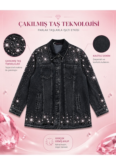 Büyük Beden Yakalı Taş Detaylı Cepli Kadın Denim Ceket Siyah
