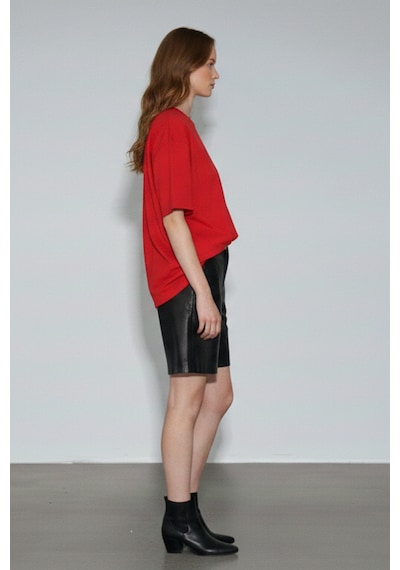 Soft&Basic Kadın %100 Organik Pamuk Oversize Fit Basic Yuvarlak Yaka T-shirt Kırmızı