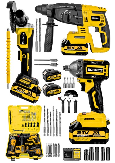 Schatz 21v Kömürsüz Çift Akülü Şarjlı 3'lü Set Spiral Taşlama + Kırıcı Delici Hilti + Somun Sıkma Sökme Makinesi Sarı