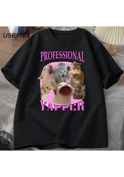 Flood Of Style Professional Yapper Cat Graphic T Shirts Women Men Cotton Short Sleeve T-shirts Casual O Neck Siyah