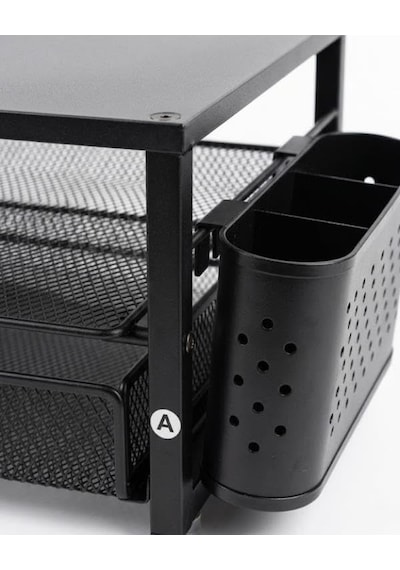 Tr Siyah Ahşap Üst Tablalı Metal Mesh Monitör Yükseltici Stand Çekmeceli Kalemlikli Masaüstü Organizer 9214