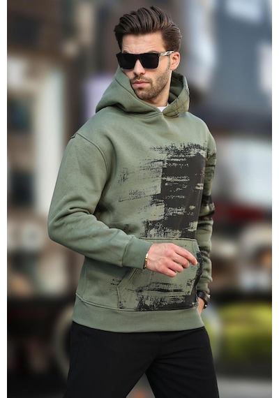 Madmext Haki Kapüşonlu Desenli Cep Detaylı Erkek Sweatshirt 7059-haki Haki