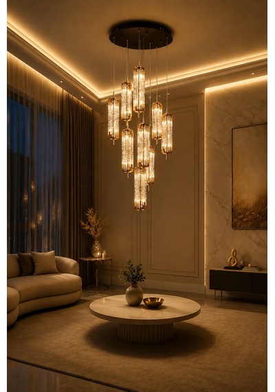 Modern Premium Silindir Sarkıt Avize Gold Siyah Kasa Lüks Salon Aydınlatma 150w