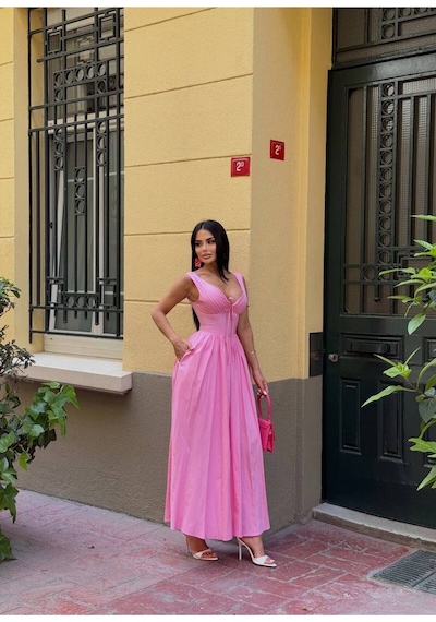 Rawea Kadın Korse Detaylı Kurdeleli Poplin Elbise - %100 Pamuk & V Yaka Pembe