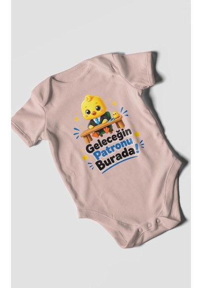 Morivokids Geleceğin Patronu Burada Kısa Kollu Bebek Body %100 Pamuk Pastel Pembe
