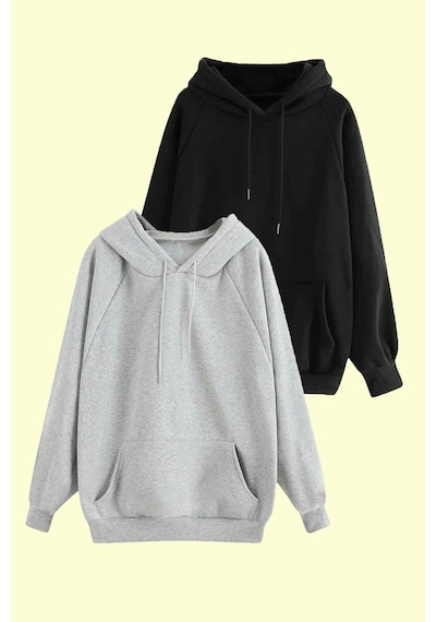 Unisex Gri Ve Siyah Slim Fit 2'li Kapüşonlu Sweatshirt Paketi Siyah- Gri M