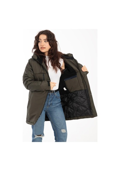 Spor Kadın Polarlı Su Ve Rüzgar Geçirmez Kapüşonlu Kışlık Mont & Kaban & Parka-201 Haki