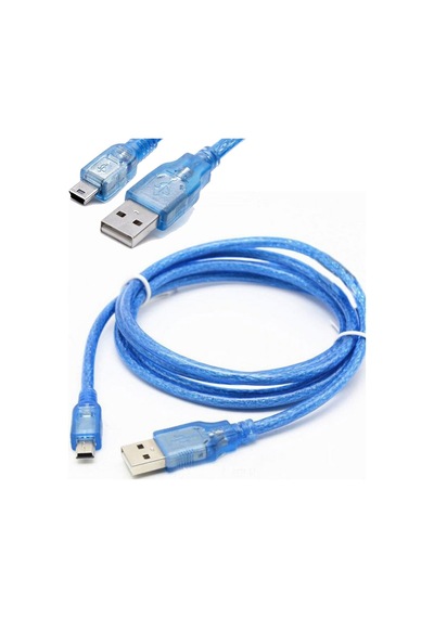 5 Pin Mini Usb Şarj Ve Data Kablosu Şeffaf Mavi Renk 1m
