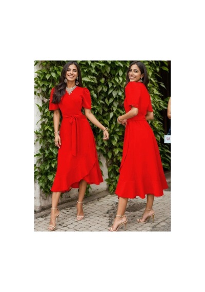 Butik İstanbul Kadın Kruvaze Yaka Midi Boy Kuşaklı Krep Elbise 120 Cm Kırmızı