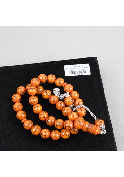 Sıkma Kehribar Allah Cc 99 İsmi Yazılı 925ayar Gümüş Püsküllü Küre Kesim 14mm Tesbih Turuncu