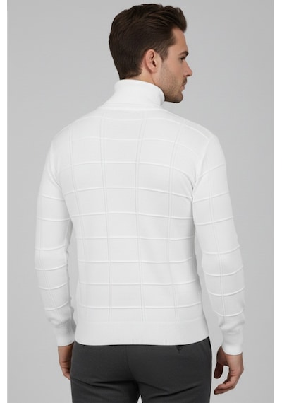 Deepsea Erkek Beyaz Kare Desenli Balıkçı Yaka Slim Fit Boğazlı Triko Kazak 2505493 Beyaz