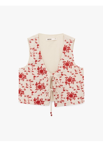 Koton Keten Karışımlı V Yaka Önden Bağlamalı Fiyonklu Brodeli Floral Nakış Detaylı Yelek Kırmızı Desenli 6sak20170ew Koton Keten Karışımlı V Yaka Önden Bağlamalı Fiyonklu Brodeli Floral Nakış Detaylı Yelek Kırmızı Desenli 6sak20170ew