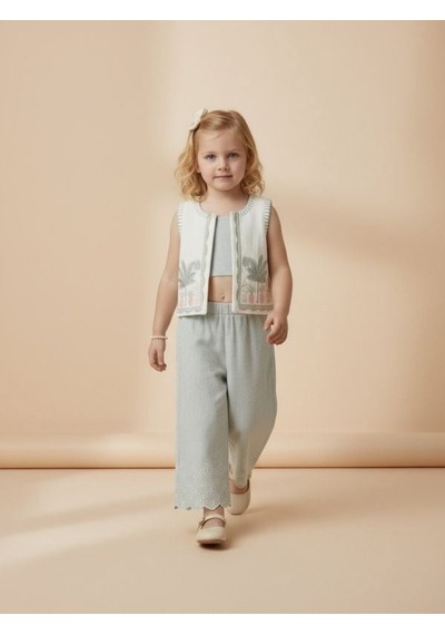 Zekids Kız Çocuk Yelek Crop Pantolon Üçlü Tasarım Takım-17243 Çok Renkli