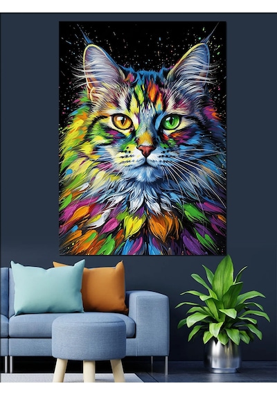 Ahşap Tablo Renkli Saykodelik Kedi Yüzü