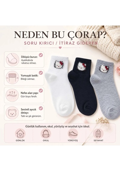 Kadın Sevimli Kedi Desenli Kısa Konç Çorap 3 Çift, %80 Pamuklu Dikişsiz Burun, Siyah Beyaz Gri, Yumuşak Günlük Bilek Çorabı Beden: 36-40, Renk: Çok Renkli 3 Lü Set3