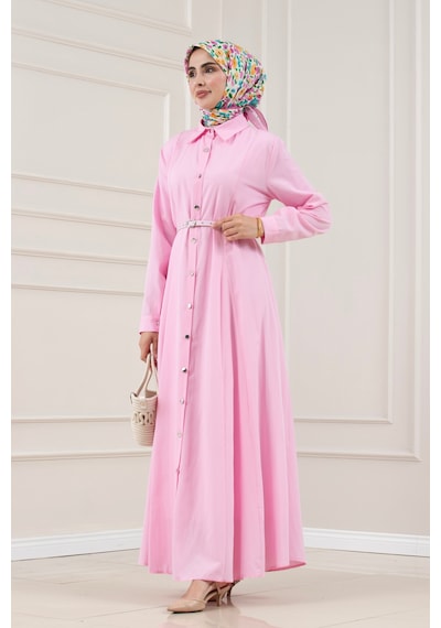 Sevitli Gömlek Yaka Kemerli Berra Elbise-pembe-5884