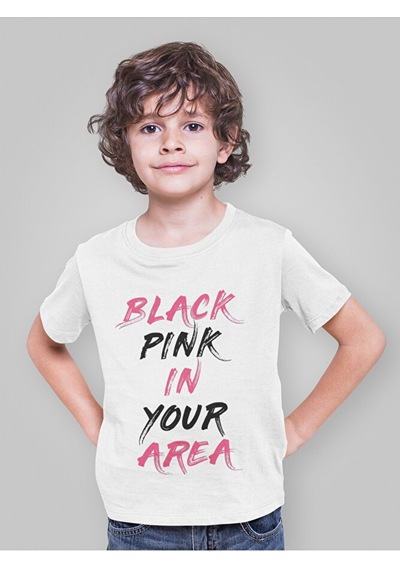 Sevbano Unisex Black Pink In Your Area Yazılı Müzik Grubu Çocuk Tişört 1 beyaz