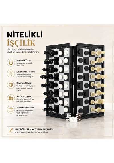 Manyetik Satranç Dama Tavla 3'lü Set 32 Cm Katlanabilir Taşınabilir Zeka Oyunu Eğitici Oyun