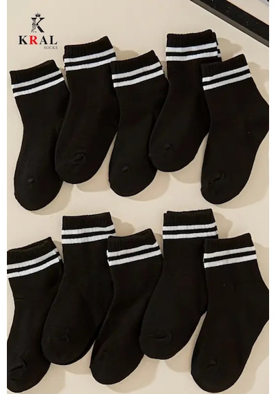 Kral Socks Erkek Kadın 12 Çift Çizgili Kolej Tenis Çorabı Pamuklu Terletmez Çorap Siyah