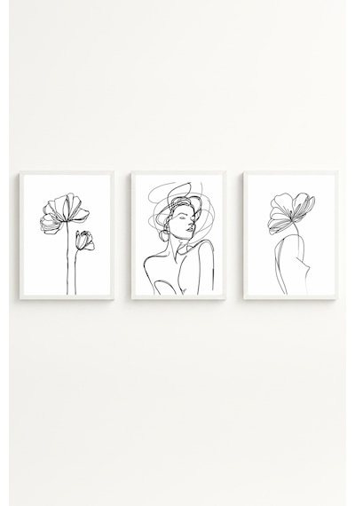 Beyaz Ahşap Çerçeveli Minimalist Line Art 3'lü Tablo Seti Huhu534