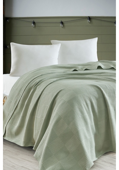 Battal Boy %100 Pamuk Pike Örtü 230x240cm Karo Desenli Çağlayeşili Weave Serisi Çağlayeşili