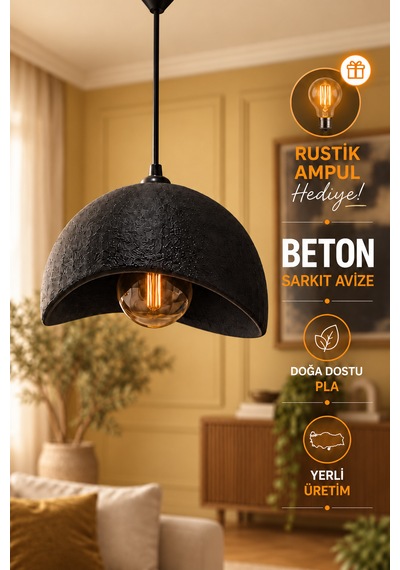 Beton Görünümlü Tekli Sarkıt Avize Modern Bohem Rustik Salon Mutfak G95 Led Ampul Hediyeli Siyah