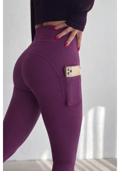 Balenbi Haute Kadın Yüksek Bel Toparlayıcı Çift Cepli Leggings Fitness Tayt 1092 Mürdüm