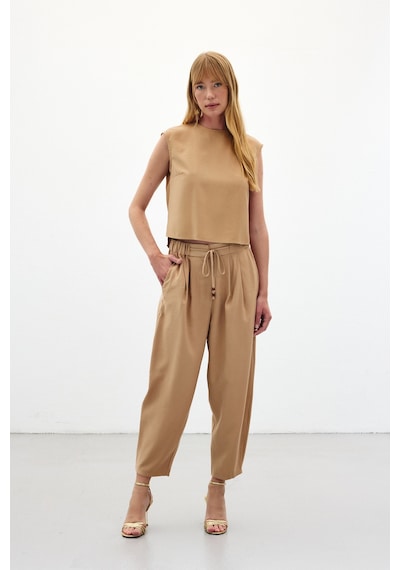 Sateen Şalvar Kesim Pantolon - Bej-136444 Bej