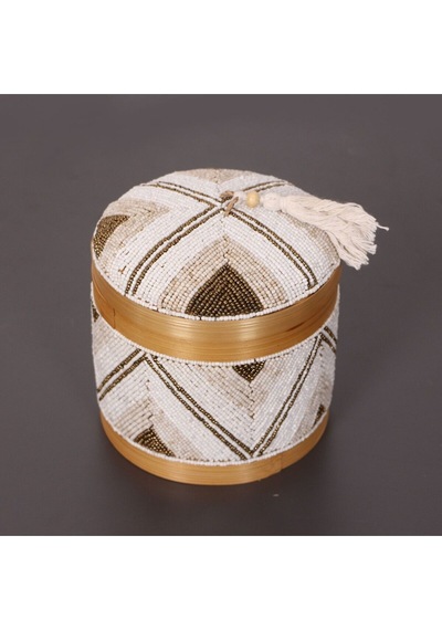 Bali Boncuklu Bambu Saklama Kutusu M 15x17 Cm Beyaz