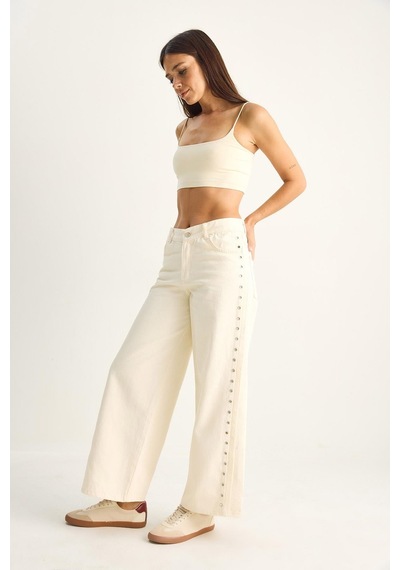 Shade Kadın Yanları Metal Detaylı Wide Leg Denim Pantolon 60282058 - Krem