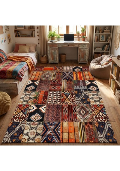 Turuncu Kahve Çok Renkli Salon Halısı Etnik Patchwork Dijital Baskılı Kaymaz Tabanlı Halı Dijital