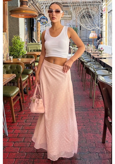 Madmext Pembe Minimal Puantiye Desen Şifon Astarlı Etek Mg2821