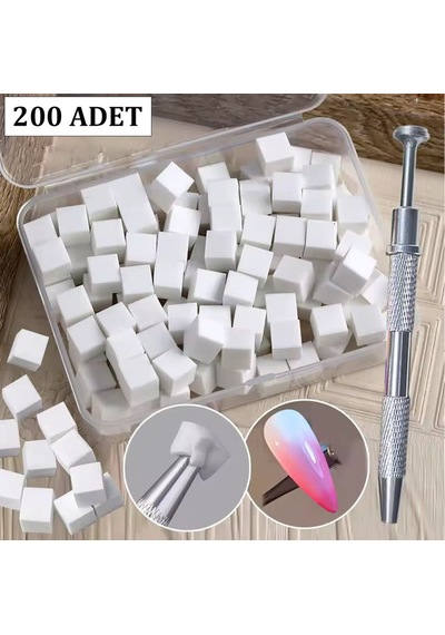 Nail Art Ombre Süngeri 200 Adet Beyaz Sünger + 1 Adet Metal Tutucu Set