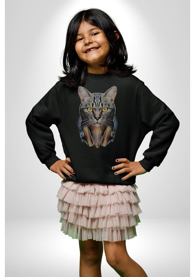 Kulaklık Kedi Unisex Siyah Baskılı Sweatshirt Siyah