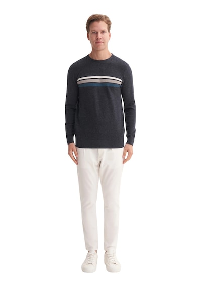 Cazador Soft Touch Slim Fit Basic Çizgi Baskılı Bisiklet Yaka Kazak Lacivert