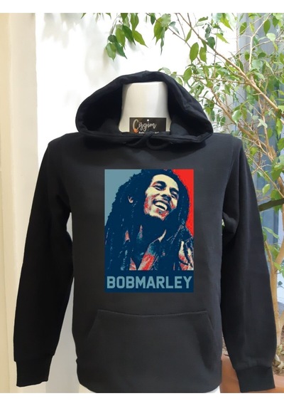 Pisa Art Unisex Siyah Kapüşonlu Bob Marley Baskılı Sweatshirt Hrmsw1017 Siyah