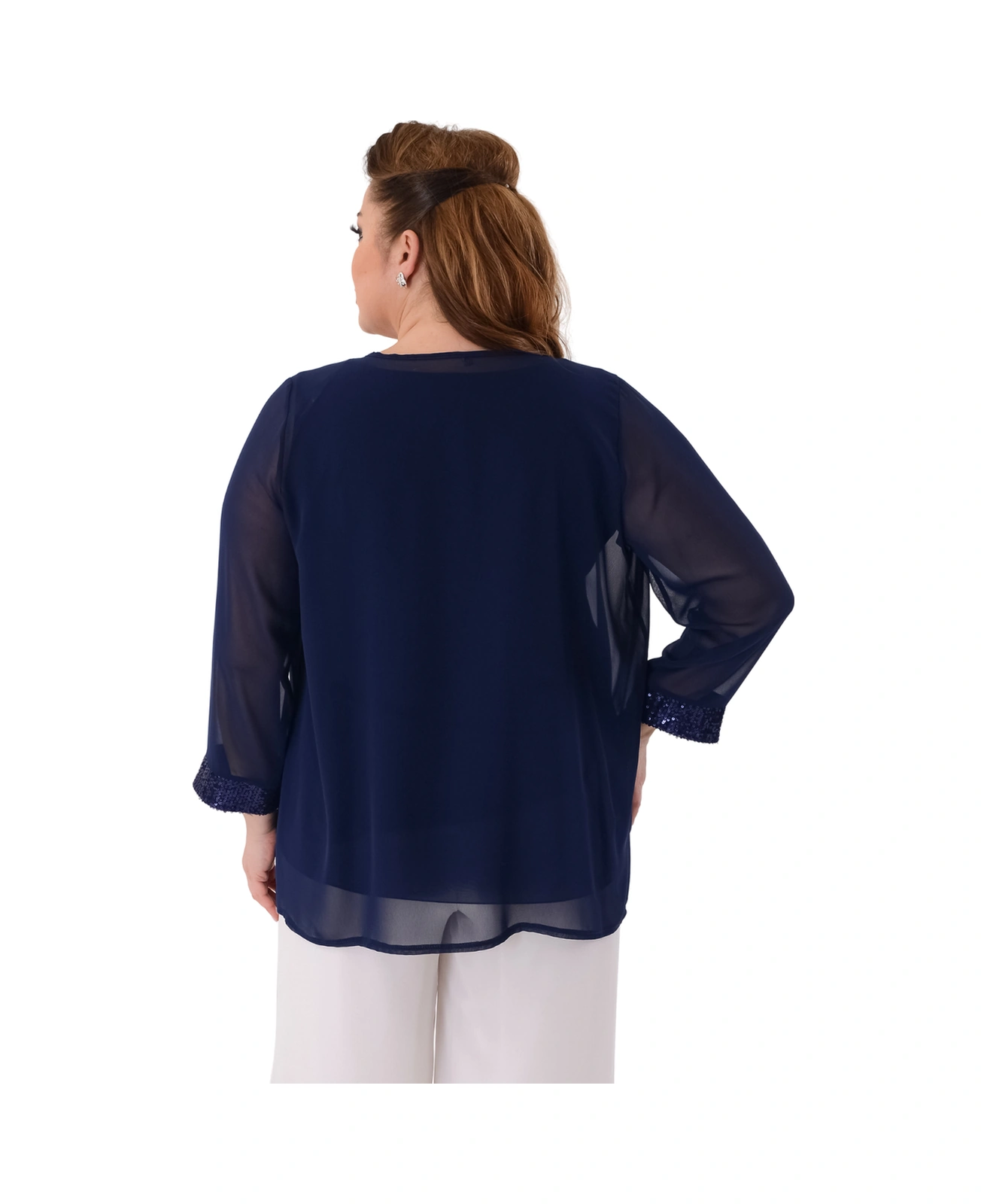 Lilas Xxl Büyük Beden Lacivert Renkli Şifon Ceketli Abiye Bluz Lacivert