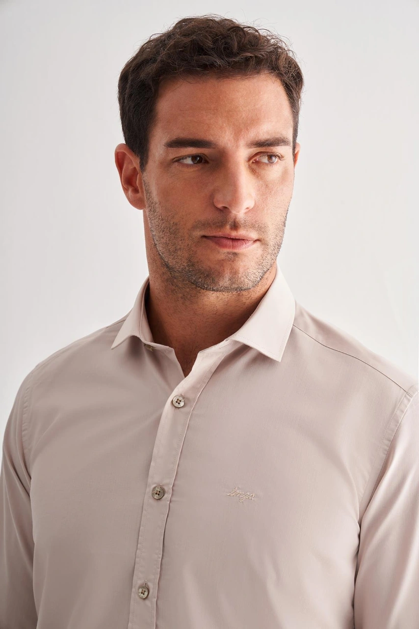 İmza Koyu Bej Yarım İtalyan Yaka Uzun Kol Slim Fit Pamuklu Gömlek 1004255180 Koyu Bej