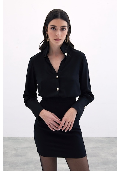 Sateen Çıt Çıt Detaylı Gömlek - Siyah-135827 Siyah